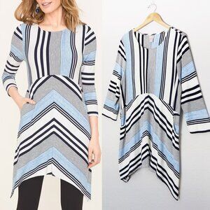 Chico's Blue White Black Striped Scoop Neck Stretch Knit Tunic Blouse Top 2/M/12